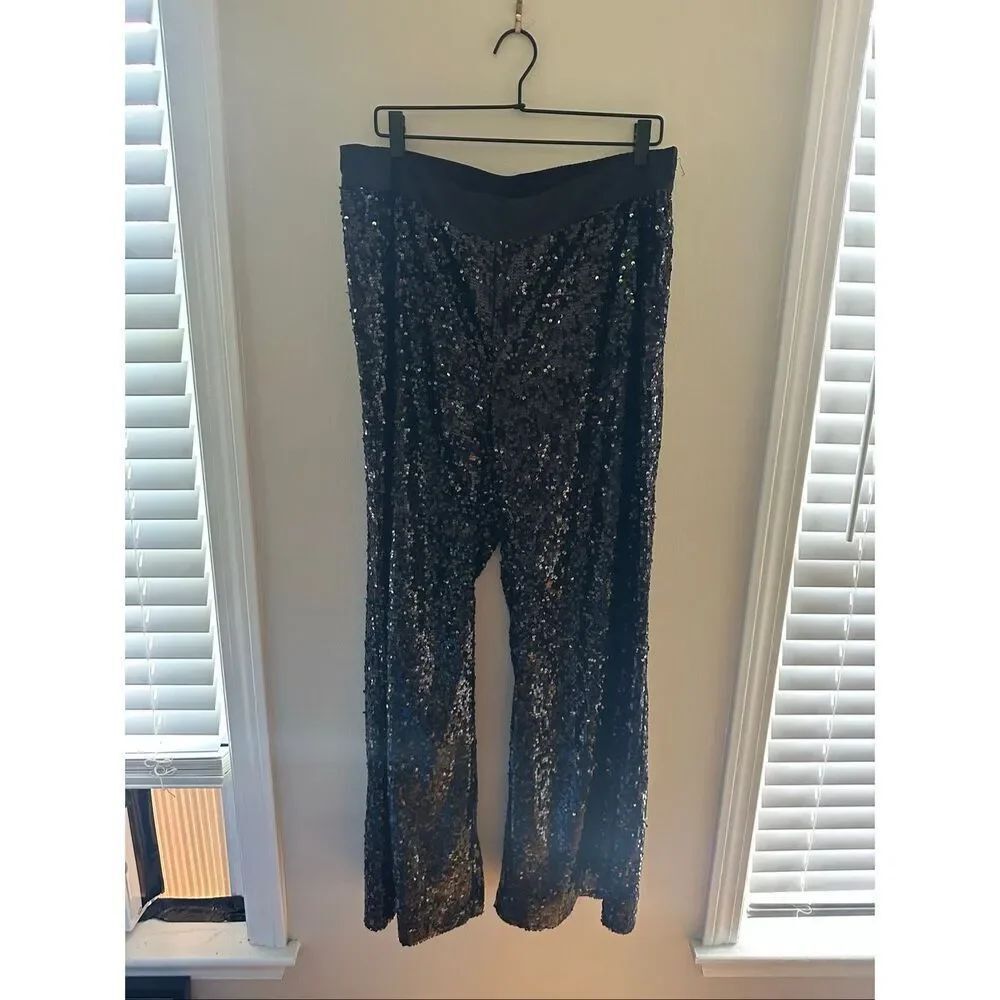 Gabrielle Union Black Sequin Wide Leg Pants Women Disco Size XL